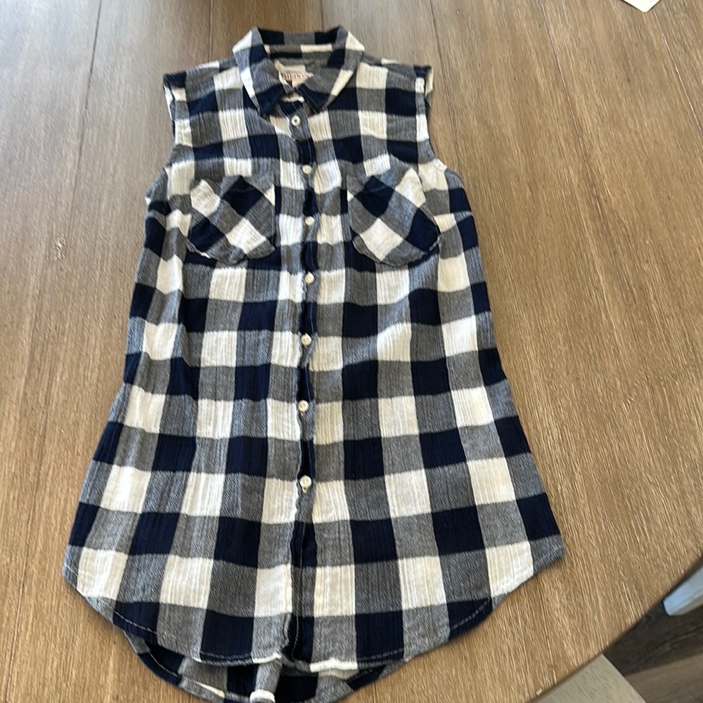 Blue and White Plaid Sleeveless Shirt, Merona, XS